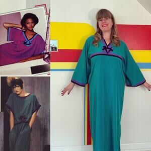 1980s vintage Bill Tice teal caftan maxi dress art deco purple black large plus